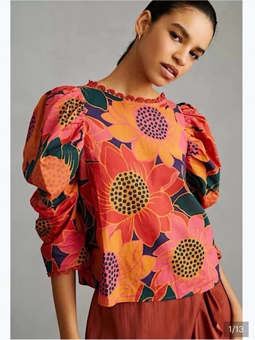 FARM Rio Anthropologie Sunflower Tropical Colorful Puff-Sleeve Blouse Small